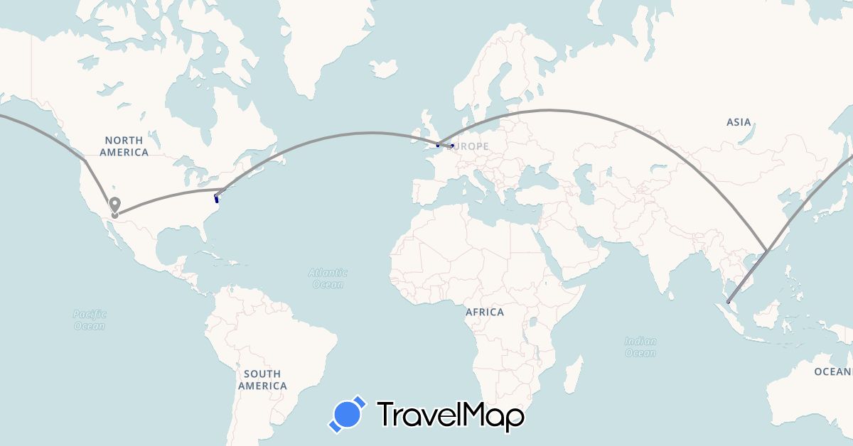 TravelMap itinerary: driving, plane in Belgium, United Kingdom, Hong Kong, Malaysia, United States (Asia, Europe, North America)